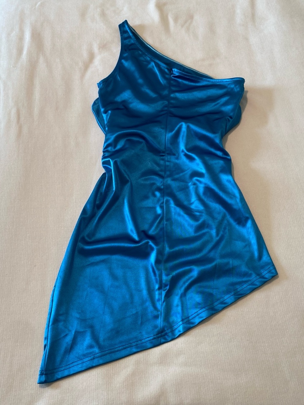 Meshki One-Shoulder Satin Slip Dress — Teal Blue
